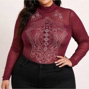 Iris Womens 2X Burgundy Red Sheer Mesh Embellished Bodysuit Baddie Romantic Edge